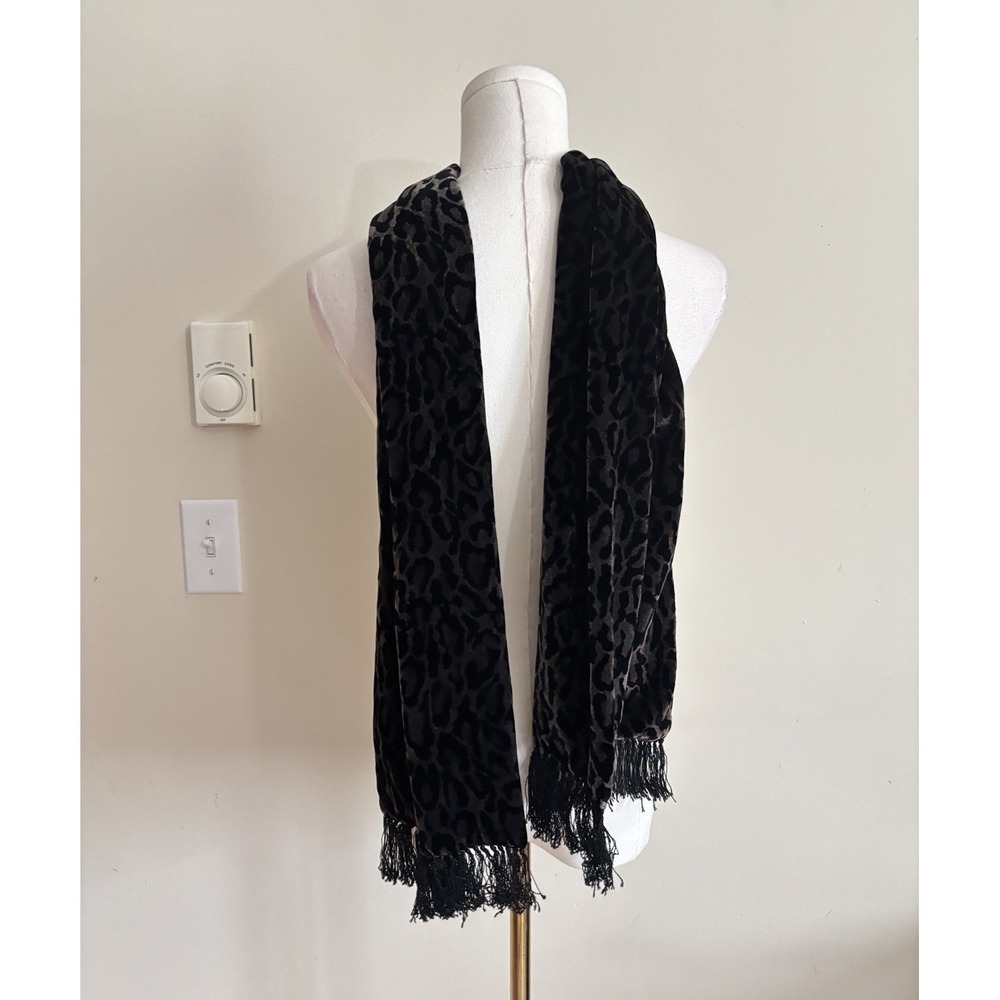 Vintage 100% Silk Velvet Leopard Print Scarf Fringe Black Brown Chic Y2K Soft